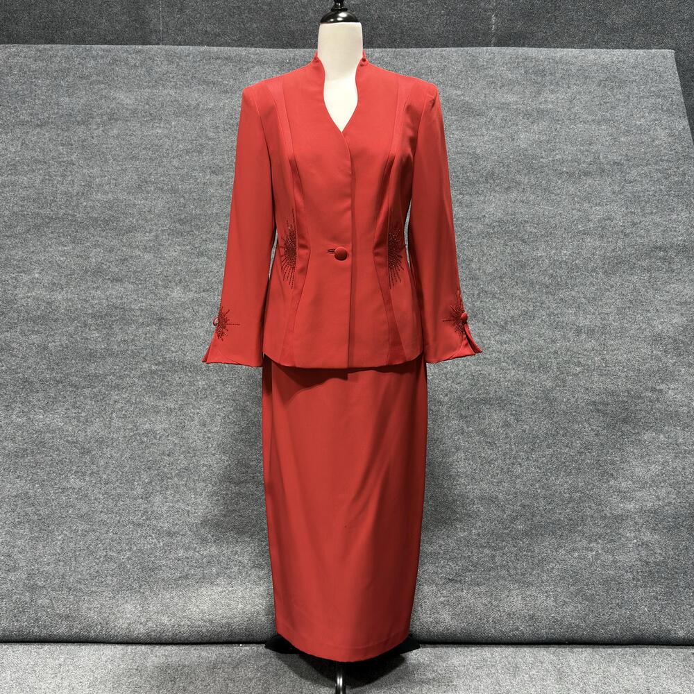 Anne French Skirt Suit Womens 8 Red 2 Piece Jacket Skirt Beaded Formal 8454